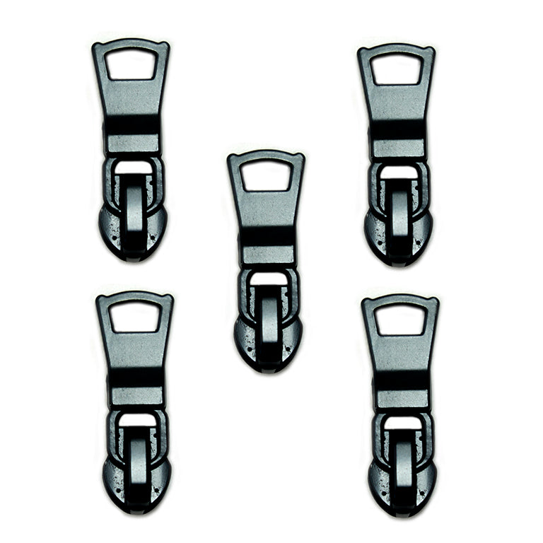 Pack of 5 black metal zip pulls with head slider, size 32 x 12 mm.
