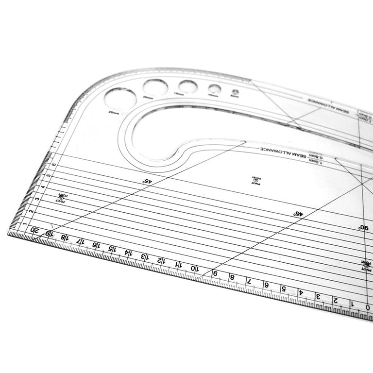 Close-up of the pattern marking ruler showing its curves