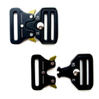 Two heavy duty matt black steel quick release buckles on a white background.