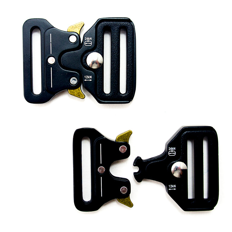 Two heavy duty matt black steel quick release buckles on a white background.