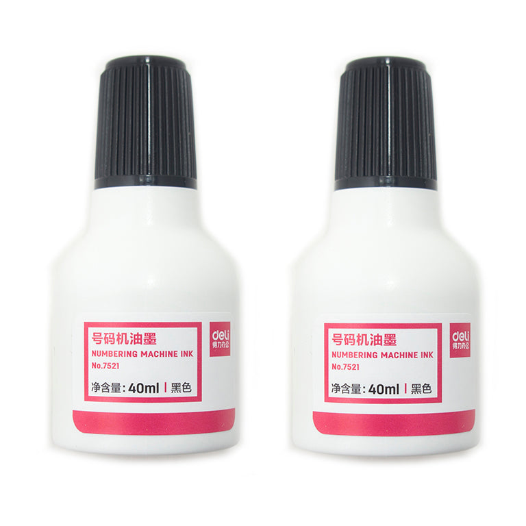 Two bottles of black ink for automatic numbering machine stamps.
