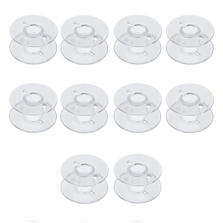 Pack of 10 clear plastic bobbins for sewing machines.