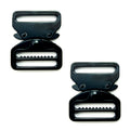 Two matte black metal quick release buckles on a white background.