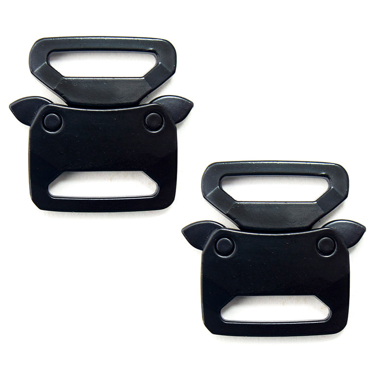 Two black metal quick release buckles displayed on a white background.