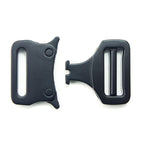 Close-up of brushed silver tone metal slider buckle for bags.