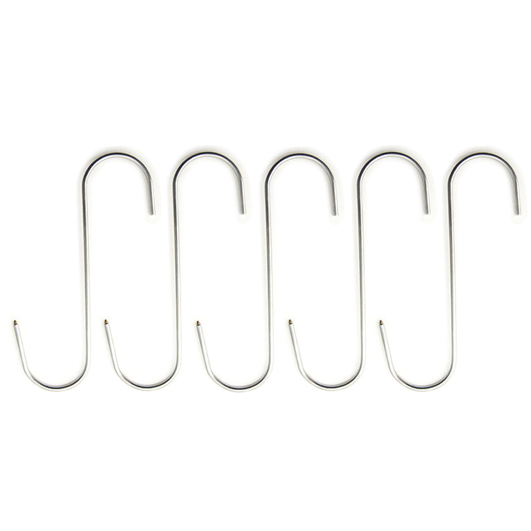Set of 5 stainless steel long S hooks displayed on a white background.