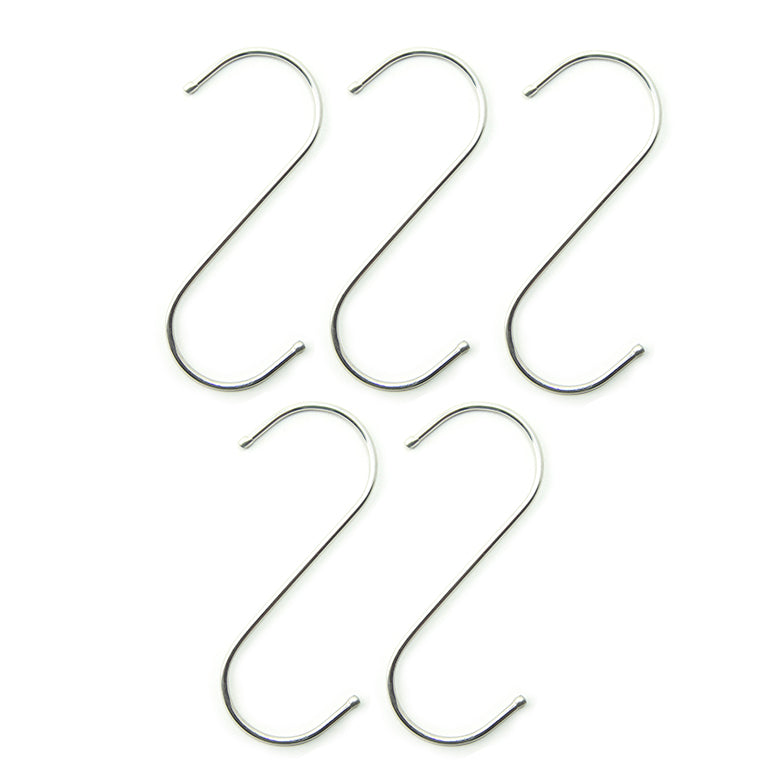 Five stainless steel S hooks displayed on a white background.