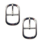 A pair of dark gunmetal buckles for belts and bags.