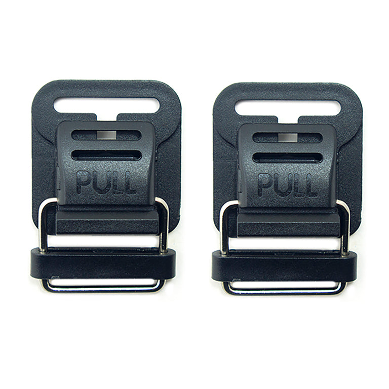 Two metal and black plastic magnetic buckles for straps.