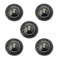 Set of 5 dark gunmetal tone metal buttons on a white background.