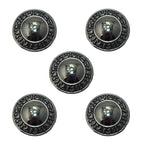 Set of 5 dark gunmetal tone metal buttons on a white background.