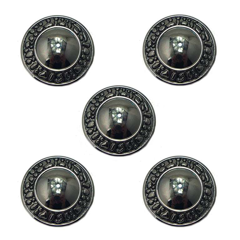 Set of 5 dark gunmetal tone metal buttons on a white background.