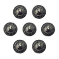 Set of 7 dark gunmetal tone metal buttons on a white background.