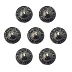 Set of 7 dark gunmetal tone metal buttons on a white background.