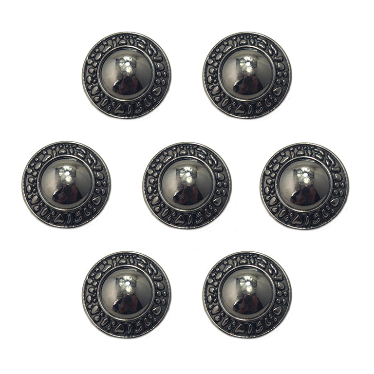 Set of 7 dark gunmetal tone metal buttons on a white background.