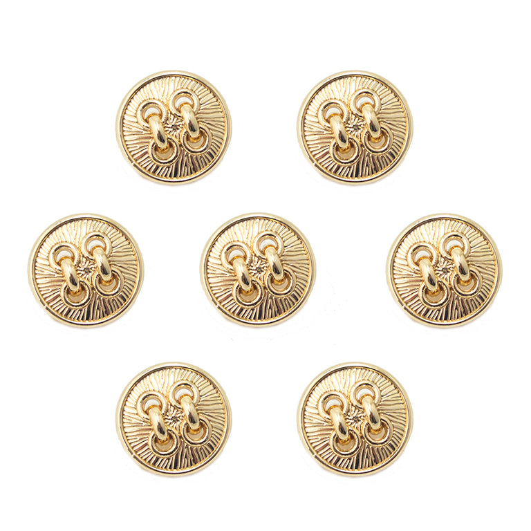 Set of 7 gold tone metal buttons with button hole design.