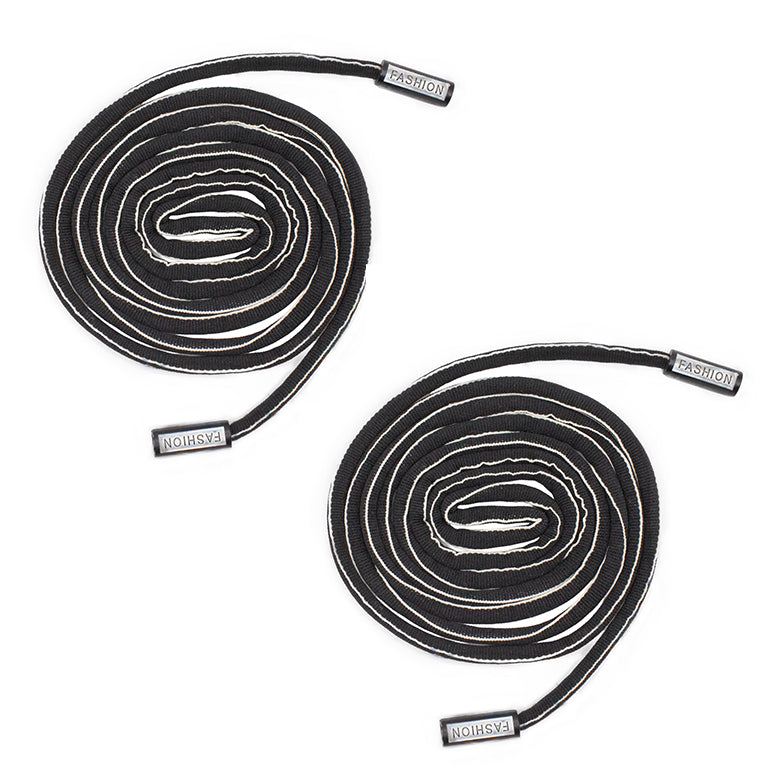 Two black and white nylon hoodie replacement drawstring cords.
