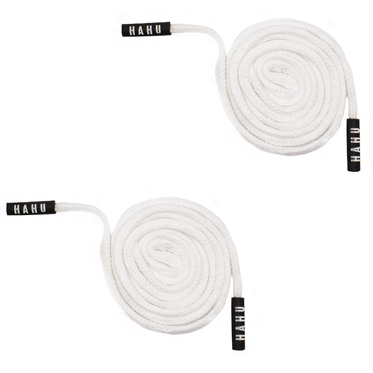 Two white cotton hoodie replacement drawstrings with black ends.