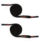 Two black nylon hoodie drawstrings with red trim and cord ends.