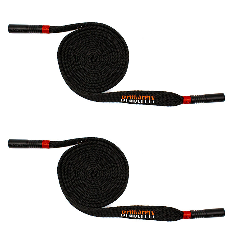 Two black nylon hoodie drawstrings with red trim and cord ends.