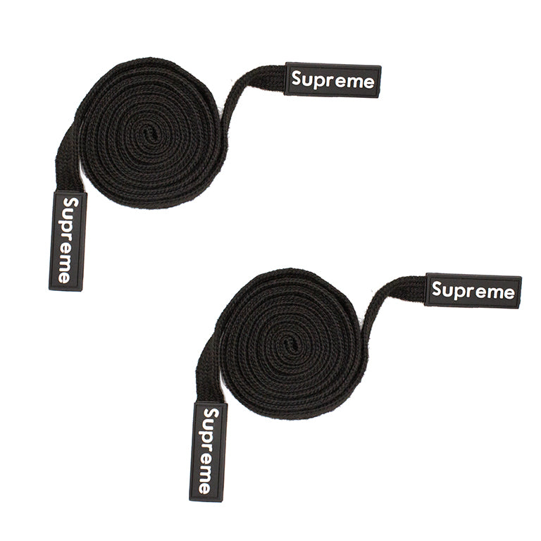 Two black cotton hoodie replacement drawstring cords with SUPREME ends.