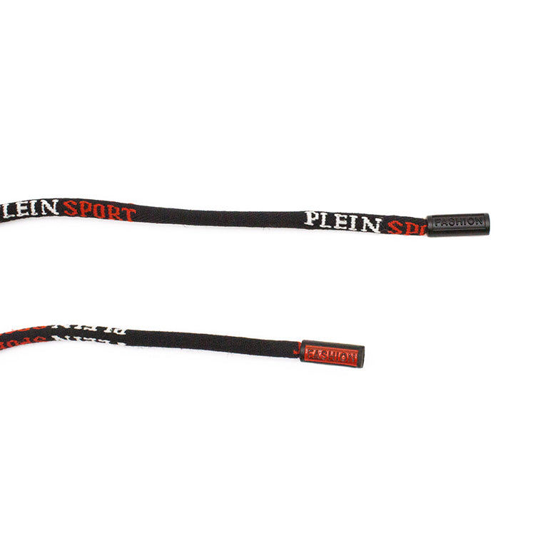 Close-up of black nylon cords, 146 cm long, ideal for jog pants and hoodies.