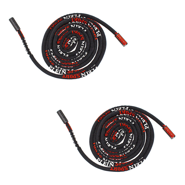 Two black nylon hoodie replacement drawstring cords with PLEIN SPORT ends.