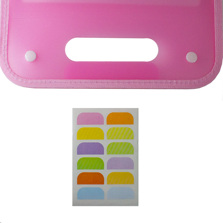 Close-up of index stickers included with the pink file folders.