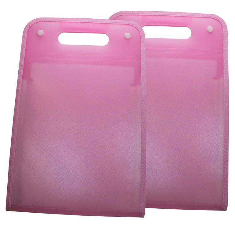 Two pink vertical file folders with 13 pockets each, shown open.