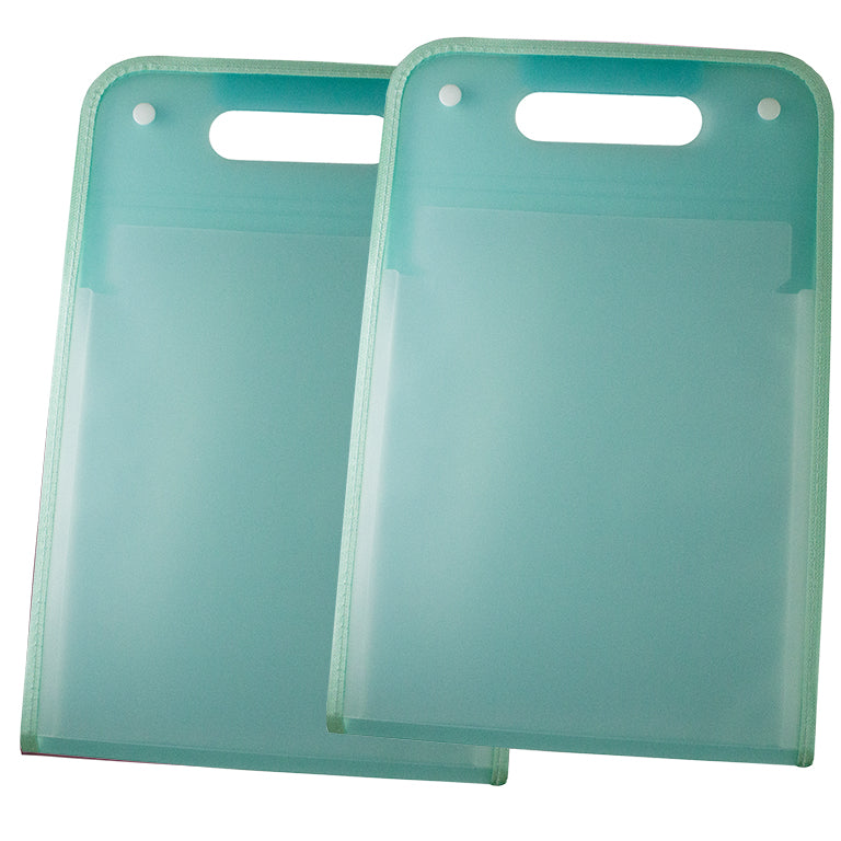 Two green vertical file folders with 13 pockets each