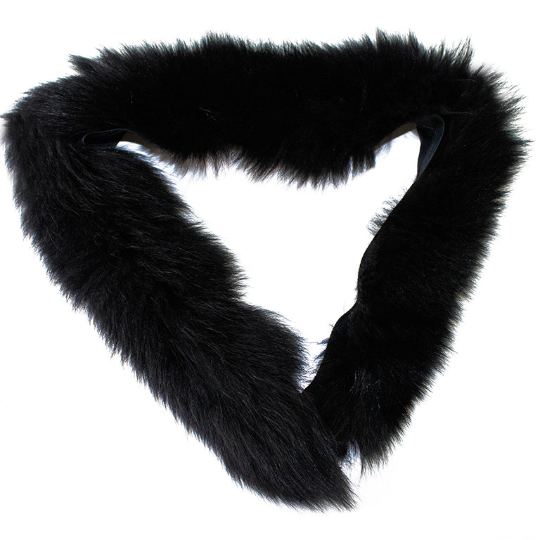 Black faux fox fur hood trim displayed on a white background