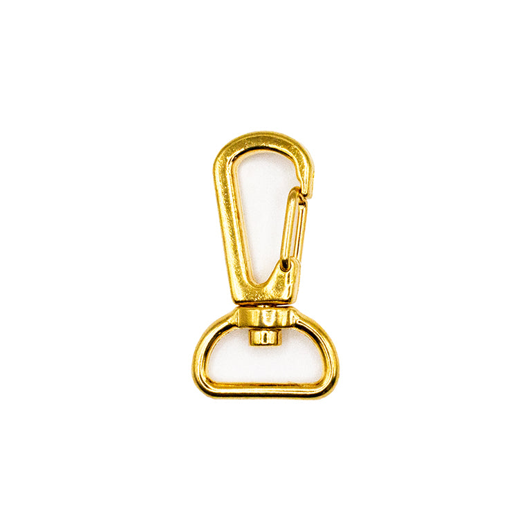 Close-up of a gold tone swivel snap hook showing 360° rotation.