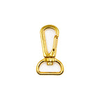 Close-up of a gold tone swivel snap hook showing 360° rotation.