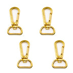 Four gold tone metal swivel snap hooks on a white background.