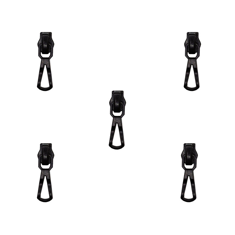 Pack of 5 waterproof black metal zip pulls with head sliders.