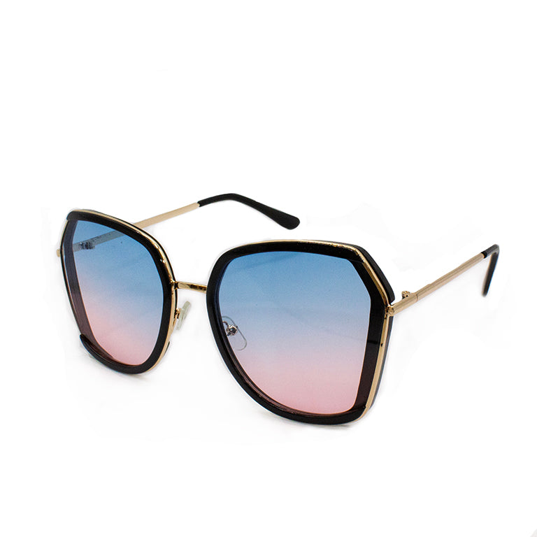 Large metal frame women's polarized sunglasses in blue and pink shades.