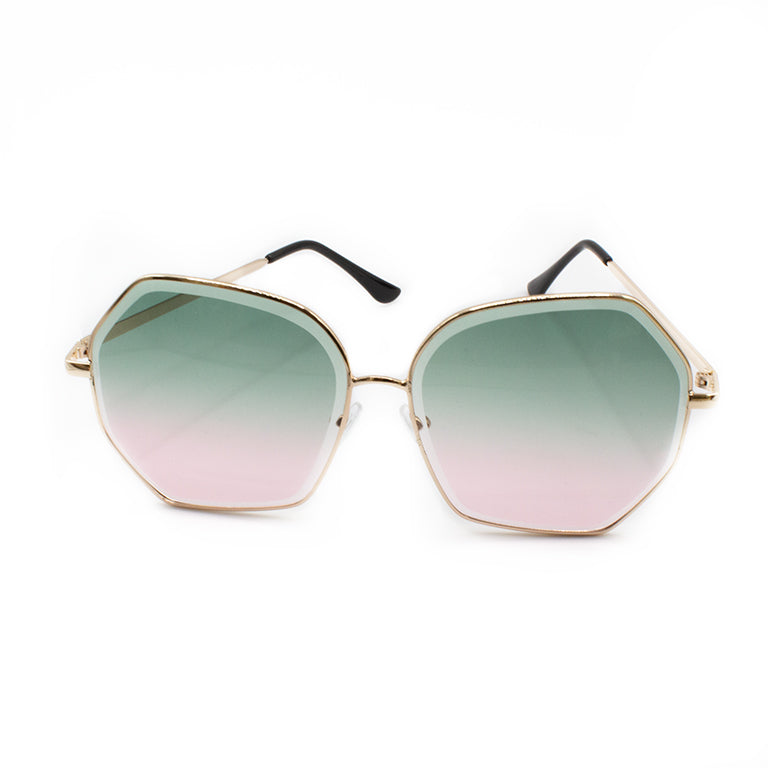 Pink and green gradient hexagon sunglasses with metal frame.