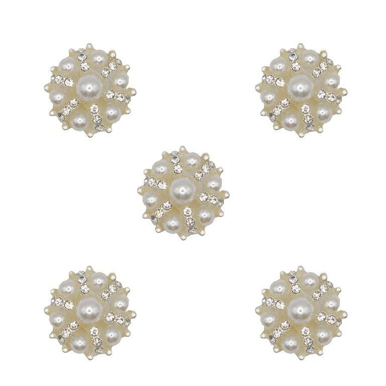 Five flower-shaped buttons with pearl centres and rhinestones