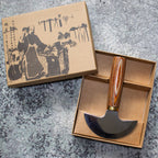 Close-up of the sharp blade of the leather knife showing its quality.
