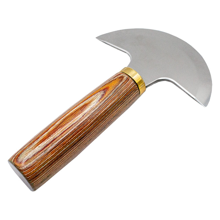High-speed steel leather knife with half-round head and sandalwood handle.