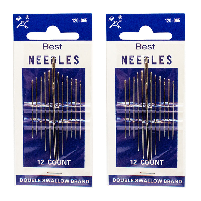 Two packs of 12 assorted metal sewing needles with easy threading design.