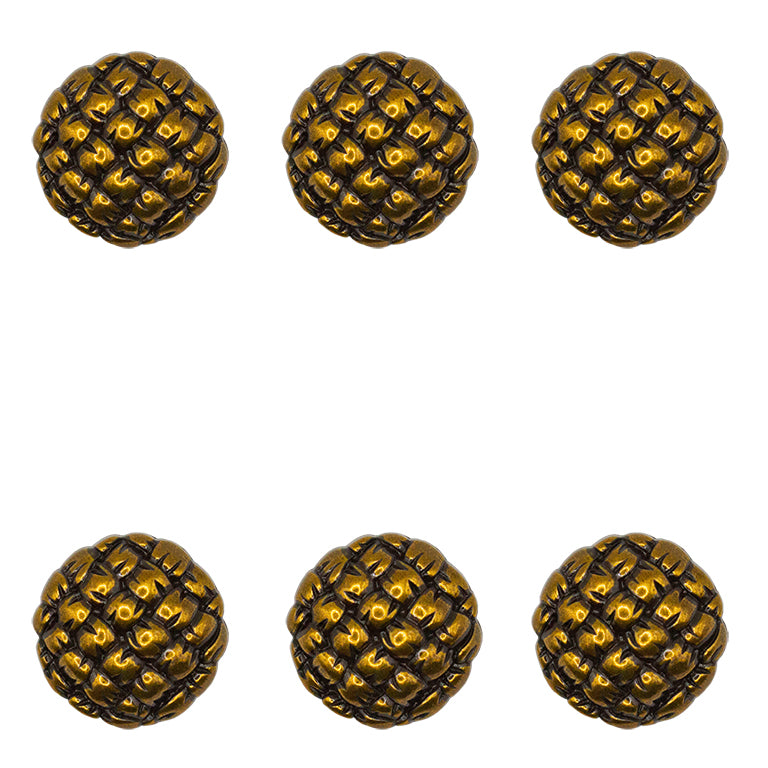 Set of 6 vintage gold grid knot metal buttons on a white background