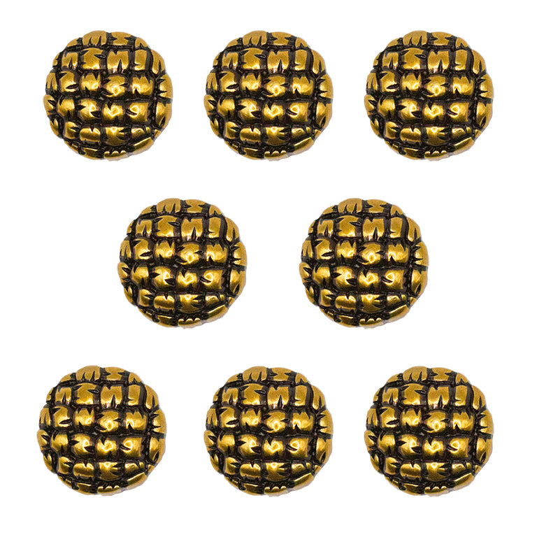 Set of 8 vintage gold grid knot metal buttons on display