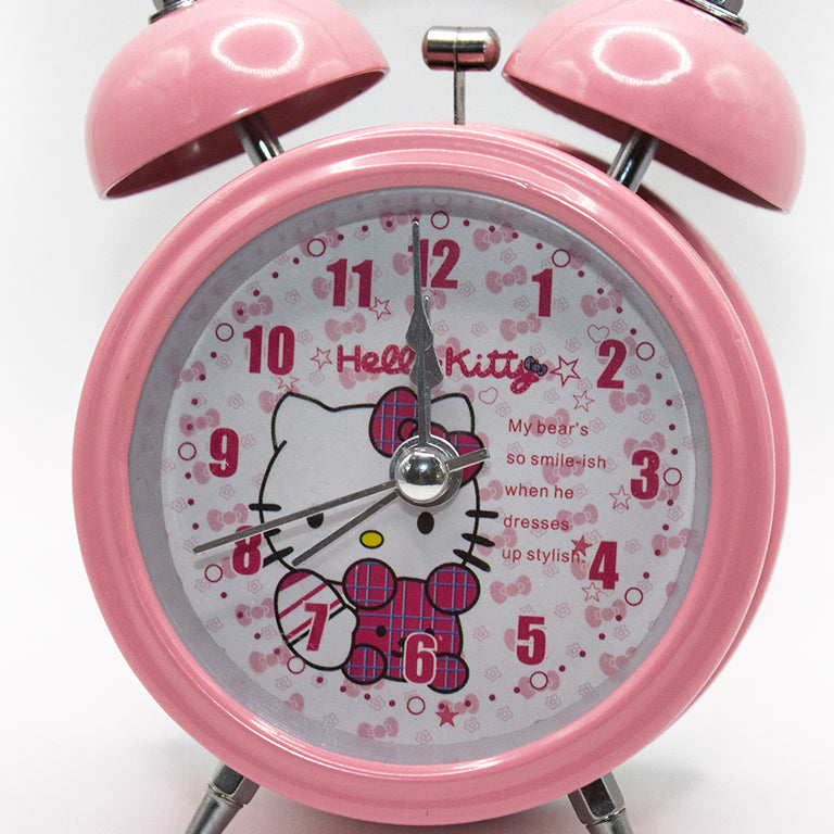 Close-up of the pink cartoon design on the alarm clock