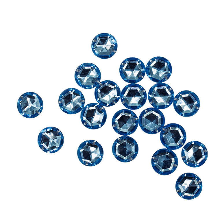 20 round sky blue acrylic flat back rhinestones on display.