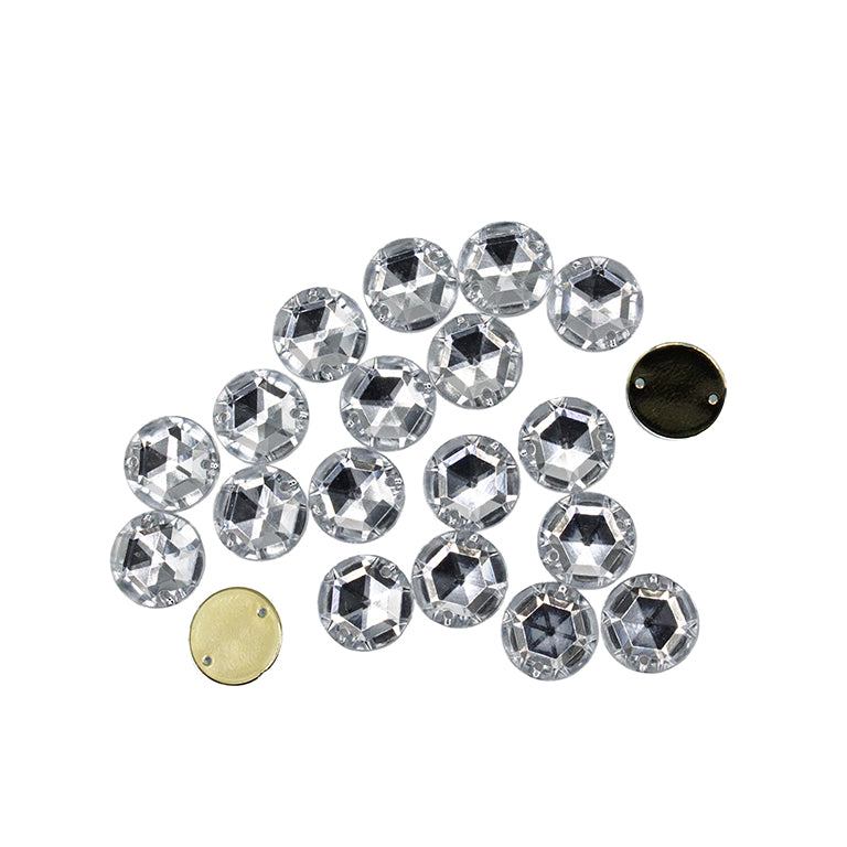 Close-up of 12mm round acrylic rhinestones for embellishments.