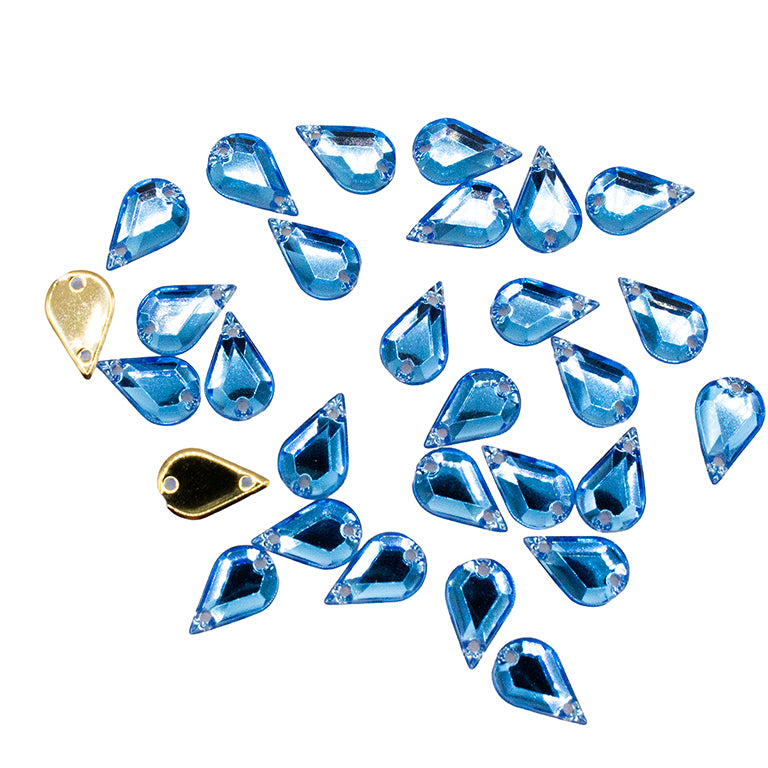 30 sky blue 2-hole acrylic teardrop rhinestones on a white background.