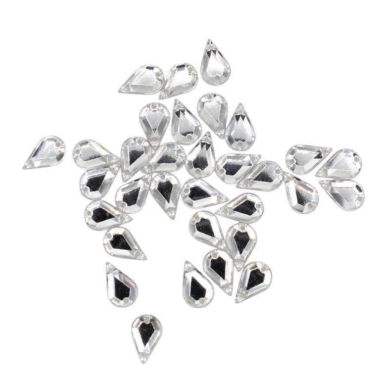 30 pink acrylic teardrop rhinestones with two holes for sewing.