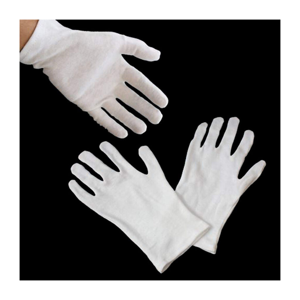 12 pairs of white cotton gloves displayed in packaging
