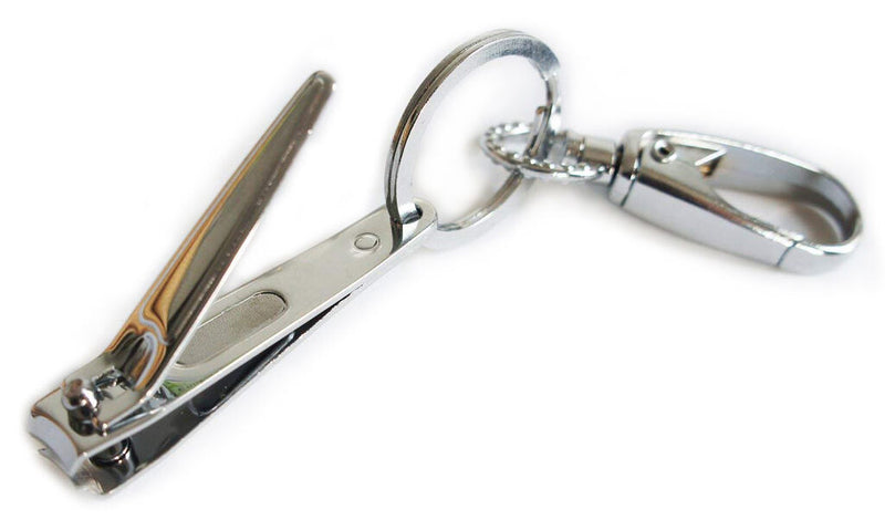 Slim portable nail clippers with key ring and belt hook.